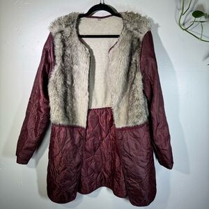 H&M quilted utility jacket burgundy red brown faux fur vest women sz10 medium